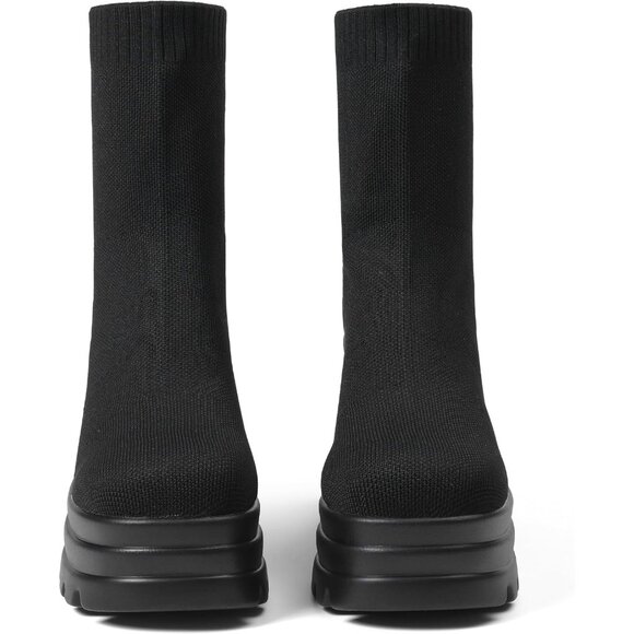 ⚡Women Black Knit Square Toe Stretch Soft Block High Heel Punk Dress Sock Boots - Picture 2 of 6